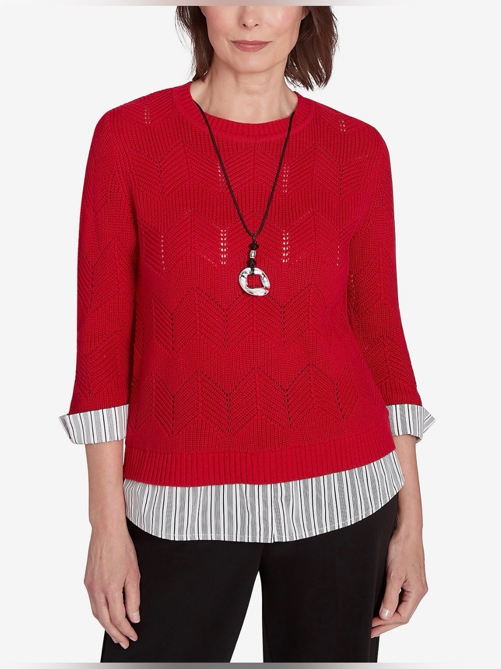 ALFRED DUNNER Plus Size Runway Ready Pointelle Chevron Top W/Stripe Woven Detail